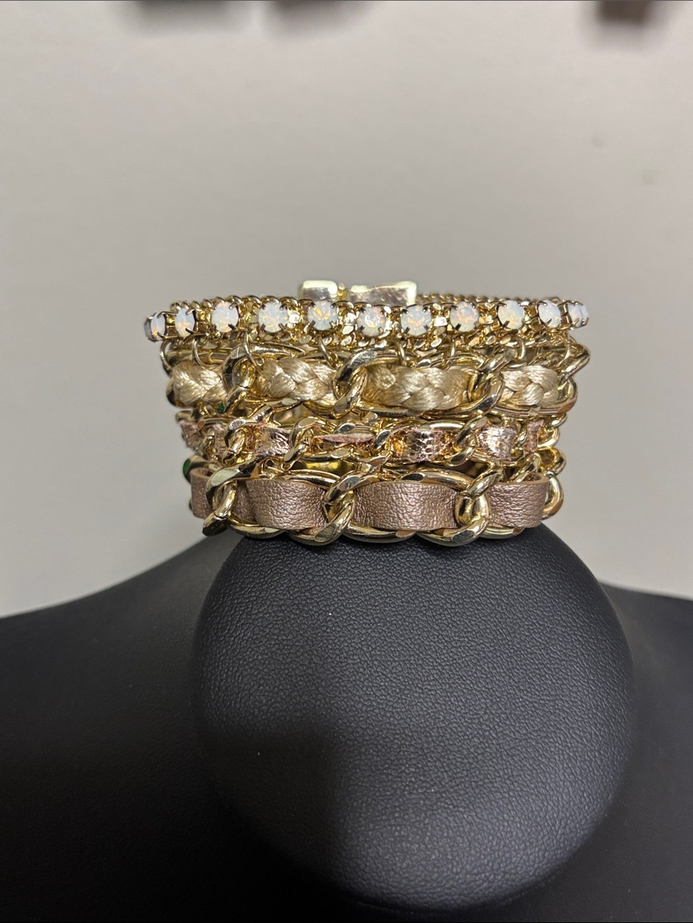 Multilayer Mixed Media Gold Tone Rhinestone Chain Leather Wrap Bracelet